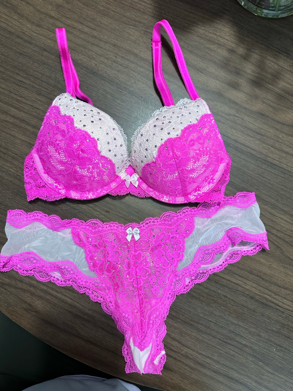 Victoria's Secret Dream Angels Plunge Jeweled Fuchsia Lace Push-Up Bra & Bikini